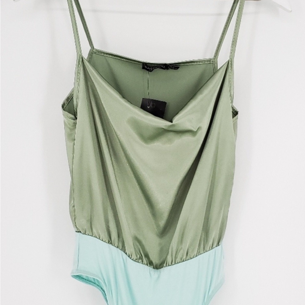 Nasty Gal Satin Cowl Neck Bodysuit in Sage